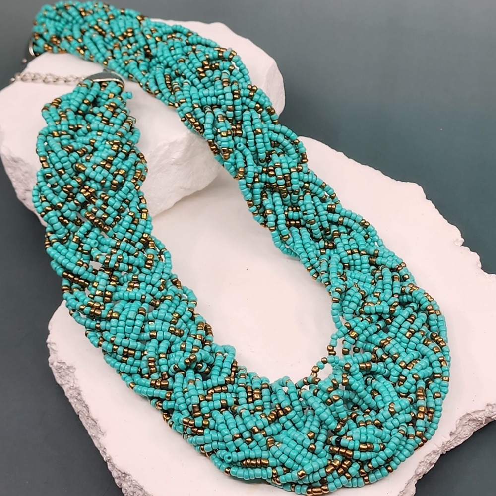 Turquoise Tone Blue Seed Bead Multi Strand Braided Bib Necklace Bronze Statement
